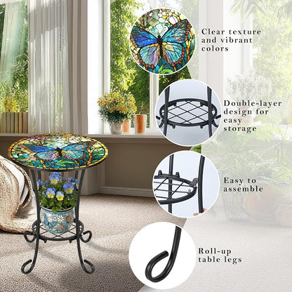 Cinnvoice Outdoor Side Table 2-Tier Round Small Mosaic Patio Accent Indoor End Plant Coffee Tea Table for Yard Patio Porch Garden Living Room, Bedroom(Butterfly Style,14 Inch)