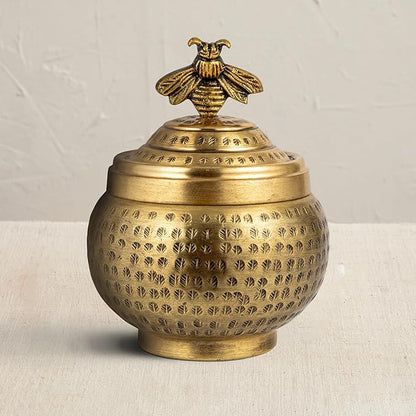 Creative Co-Op Round Hammered Metal Container with Bee Finial, Brass Finish