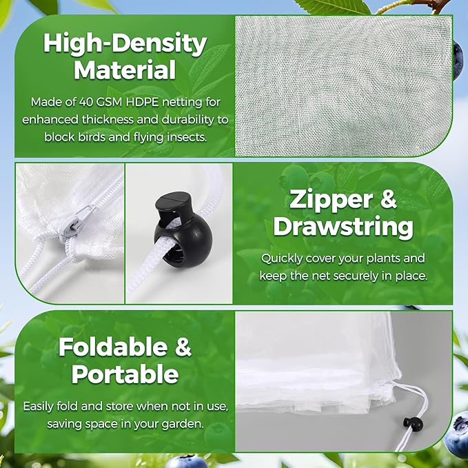 Blueberry Bush Netting Cover 2 Pack 10 x 12 ft, Garden Bird Netting for Rabbiteye Blueberries, Reusable Fruit Tree Netting with Zipper & Drawstring, Protects from Birds, Deer, Insects and Poultry
