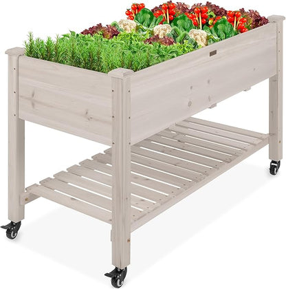 Best Choice Products Raised Garden Bed 48x24x32-inch Mobile Elevated Wood Planter w/Lockable Wheels, Storage Shelf, Protective Liner - White