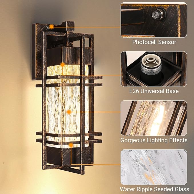 Dusk to Dawn Outdoor Front Porch Light Fixtures Wall Mount Gold-Swept Black,2 Pack Waterproof Wall Sconce Lights, Sensor Exterior Lighting Fixtures for House, Outside Lantern Lamp (Bulb Included)