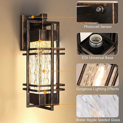 Dusk to Dawn Outdoor Front Porch Light Fixtures Wall Mount Gold-Swept Black,2 Pack Waterproof Wall Sconce Lights, Sensor Exterior Lighting Fixtures for House, Outside Lantern Lamp (Bulb Included)