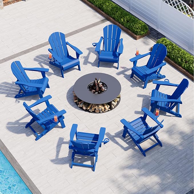 Folding Adirondack Chairs with Cup Holders, Set of 4 HDPE Plastic Outdoor Chairs, Weather Resistant, Real Wood Look, Heavy-Duty Patio Furniture for Deck, Fire Pit, Backyard, Blue
