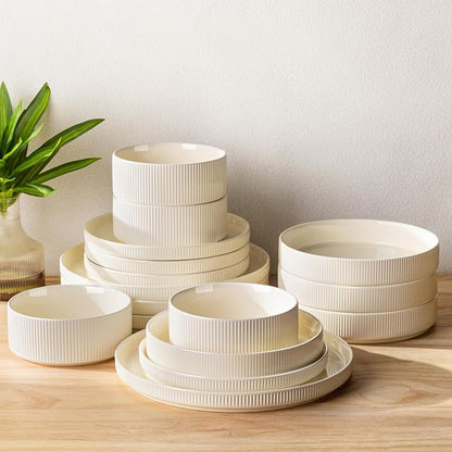 TheTerra Ceramic Dinnerware Sets for 4, 16 Pieces Porcelain Lightweight Plates and Bowls Sets, Scratch Resistant Dish Set, Oven & Microwave & Dishwasher Safe, Beige