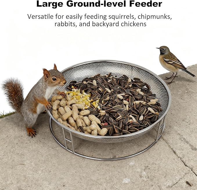 13-Inch Ground Feeding Platform for Birds, Squirrels, Ducks, Chicken, Stainless Steel Bird Feeders Combination with Additional Hanging Mesh Tray, Attracting Small Creatures for Backyard, Patio