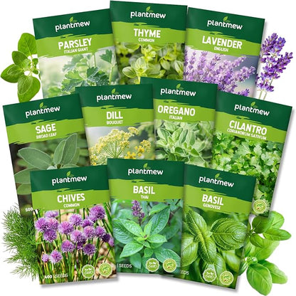 10 Herb Seeds Variety Pack - 7,000+ Heirloom Seeds - Basil, Cilantro, Lavender, Parsley, Dill, Thyme, Chives, Oregano, Sage, Herb Garden Kit for Planting Home Garden, Gardening Gift