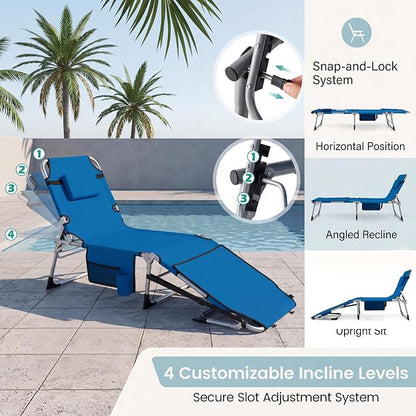 Giantex Tanning Chair, 330Lbs Patio Lounge Chair with 5 Adjustable Position, Face & Arm Hole, Hand/Shoulder Strap, Removable Pillow, Side Pocket, Chaise Lounger for Beach Sunbathing Outdoor, Blue