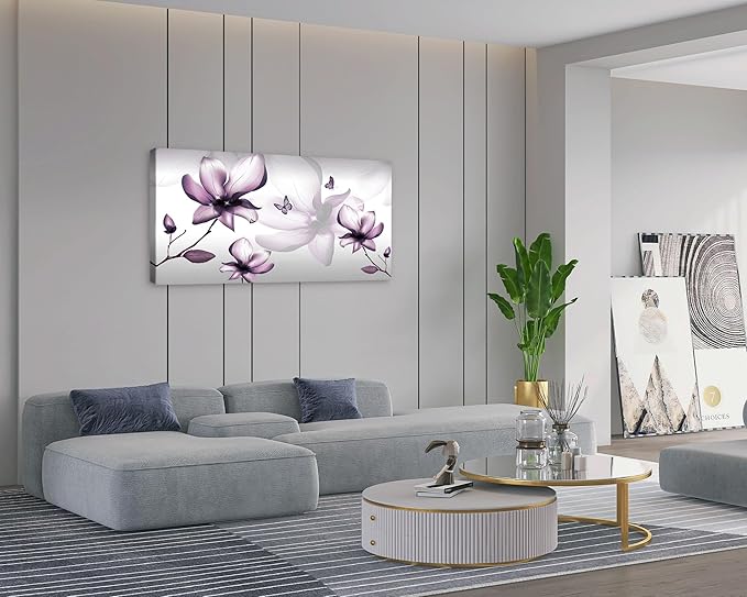 Muolunna BK06550 Purple Magnolia with Butterfly Flower Canvas Wall Art Picture 1 Panel 3D Wallpaper Modern Art Prints Painting for Bedroom Modern Office Wall Decor Artwork