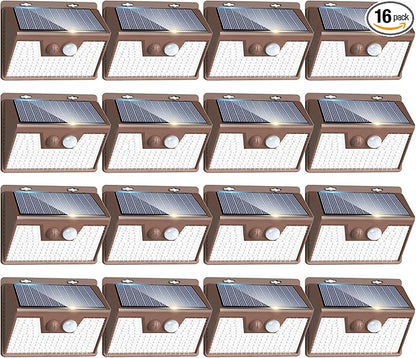 Peasur Brown Solar Lights Outdoor Motion Sensor 16 Pack, Ultra-Bright 3 Mode 140LED Fence Security Light Waterproof, Solar Wall Lighting for Patio Yard Step House Outside Cool White