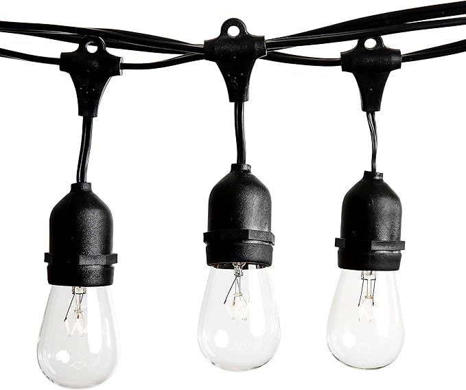 Hometown Evolution, Inc. 50 Foot E26 Commercial Outdoor String Lights with 25 Suspended Sockets and S14 Clear Bulbs for Weatherproof Heavy Duty Vintage Outside Lighting