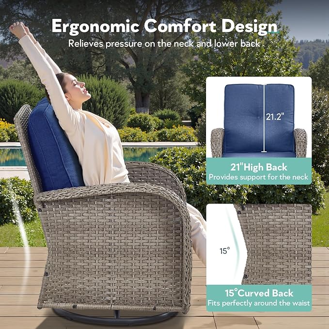 7 Piece Patio Furniture Set with Fire Pit Table - Wicker Patio Conversation Set with Swivel Glider, 3 Seat Sofa, Side Table and 2 Ottomans for Deck Backyard - Grey Wicker Blue Cushion