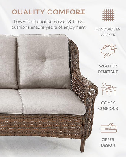 Patio Couch Outdoor Wicker Sofa - Heavy Duty All-Weather Brown Rattan 3-Seater with High Back and Comfortable Thick Cushions for Garden Back Porch Poolside Apartment - Beige