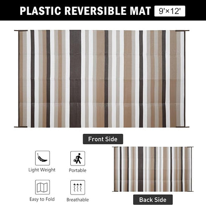 HUGEAR Outdoor Waterproof Rug 9'x12' Plastic Straw Rugs Washable Reversible Floor Mat Brown Stripe Carpet for Camping RV Deck Entryance Porch Picnic Balcony Beach Backyard