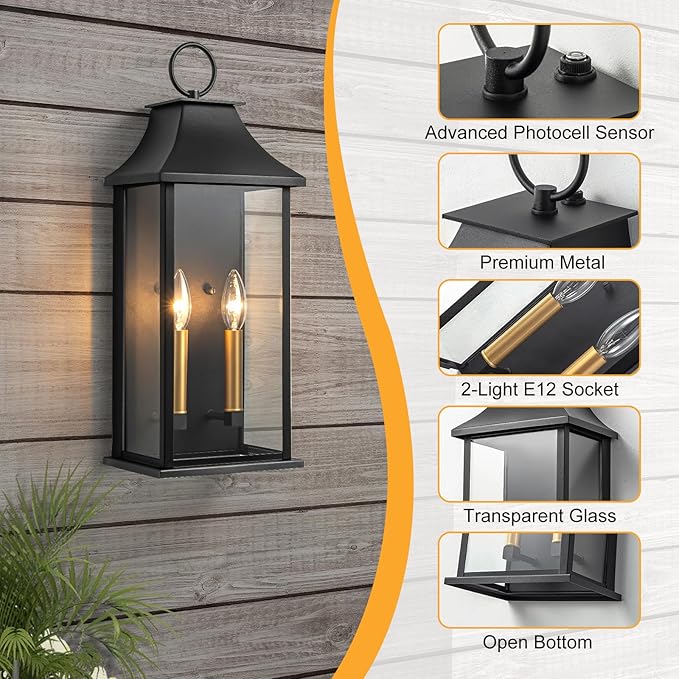 Dusk to Dawn Outdoor Wall Lantern 2-Light, 20.6" Large Outside Wall Sconce, Modern Black Wall Light Fixture with Glass, Waterproof Exterior Lamp for House, Porch, Garage