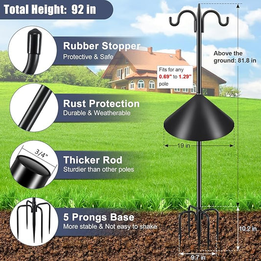 Gtongoko Squirrel Proof Bird Feeder Pole, 92 Inch Double Shepherds Hook with 19 Inch Squirrel Baffle, Heavy Duty Adjustable Outdoor Bird Feeder Stand with 5-Prong Base for Garden, Plants, Black