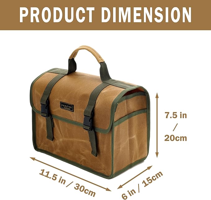 Tool Bag, Heavy Duty 16oz Waxed Canvas Tool Carrier, Multi-Purpose Tote Bag with 1 Large Capacity & 2 Side Pockets, Portable Tool Storage for Wrenches Chisels Scissors Hammer - Khaki