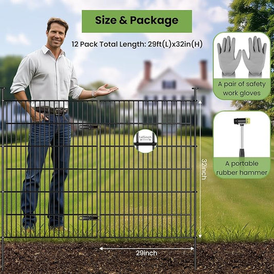 Garden Dog Fence Animal Barrier Outdoor for Yard 12 Panels with Gate 29ft(L) X 32in(H), Garden Fencing Includes Gloves, Hammer, Rustproof Metal Temporary No Dig Fence Border for Dogs
