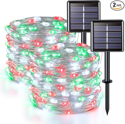 JMEXSUSS 2 Pack Red White and Green Solar Christmas Lights, Each 33FT 100 LED Solar String Lights Outdoor, Waterproof Solar Fairy Lights for Outside Christmas Decorations