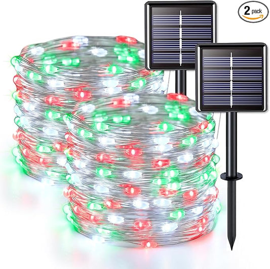 JMEXSUSS 2 Pack Red White and Green Solar Christmas Lights, Each 33FT 100 LED Solar String Lights Outdoor, Waterproof Solar Fairy Lights for Outside Christmas Decorations