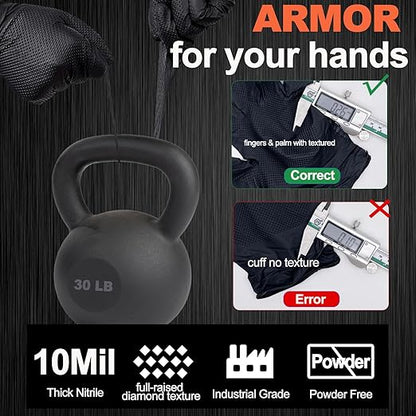 10mil Heavy Duty Nitrile Gloves Large Black Disposable Rubber Gloves with Diamond Grip Anti Chemical Puncture Resistant Mechanics Guantes for Men/Auto repair/Cooking/Food Grade-Latex Free-100