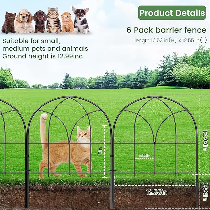Youpehom Small 12.55"*16.53" Decorative Garden Fencing Border, No Dig Fences Barrier, Black Metal Fence, Garden Edging Fence Panel, Dog Fence Outdoor for Yard, Flower Bed (6 pcs)