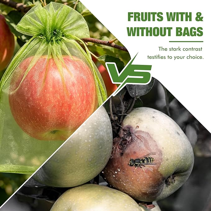 100 Pcs Drawstring Fruit Protection Bags, 6×9 Inch Green Mesh Fruit Net Covers, Anti-Bird Anti-Insect Garden Protective Bags for Fruit Tree, Tomato, Strawberry, Apple, Cherry, Grapes and Vegetables