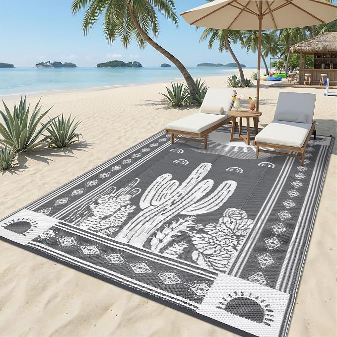 Garvee Reversible Cactus Outdoor Rug 8x10 for Patio, Waterproof Outdoor Area Rug, Modern Desert Botanical Indoor Outdoor Rugs, Plastic Straw Rug for RV, Camping, Deck, Grey