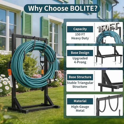 Garden Hose Holder Stand, BOLITE Heavy Duty Metal Hose Hanger, Holds 150ft | Freestanding & Detachable Water Hose Holder for Outside, 4 Spikes & 2 Tool Hooks, Storage Rack for Outside Yard Lawn Farm
