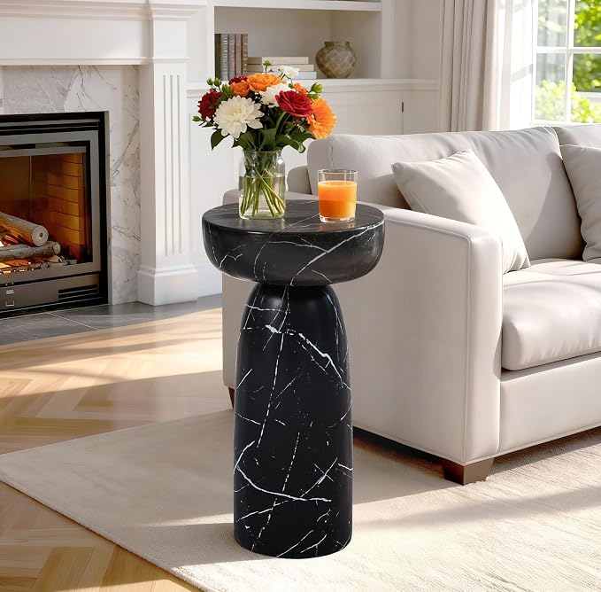 Marble Side Table, 24" Modern Accent Table with Pedestal Stand, Durable Faux Marble Side Table for Small Spaces, Marble Look Coffee Table Accent Drink Tables for Living Room Patio Balcony