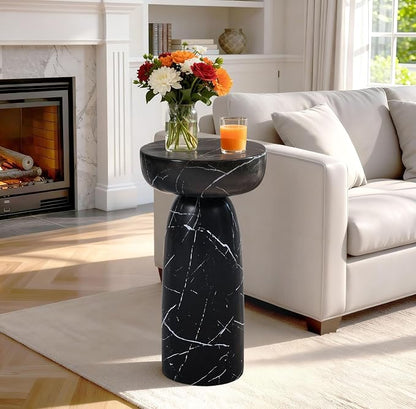Marble Side Table, 24" Modern Accent Table with Pedestal Stand, Durable Faux Marble Side Table for Small Spaces, Marble Look Coffee Table Accent Drink Tables for Living Room Patio Balcony