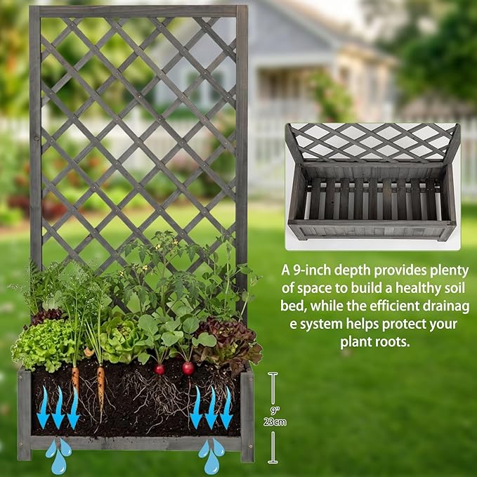 Wooden Raised Garden Bed with Trellis, 47" Outdoor Planter Box for Climbing Plants, Vertical Modern Gray Garden Planter for Vegetables, Flowers & Vines, Lattice Plant Support for Patio Yard Balcony