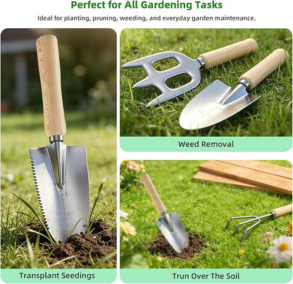 Garden Tools Set, 9-Piece Heavy Duty Gardening Tools with Clear Pocket Tote Bag, Stainless Steel Garden Hand Tools for Digging, Planting, Weeding and Pruning, Durable Gardening Kit