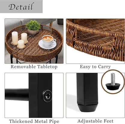 DINGTAI Brown Small Round End Table, 19in Rattan End Tables, Wicker Rattan Side Table, Round Sofa Side Table, Indoor Outdoor Side Tables for Patio, Living Room Bedroom Office