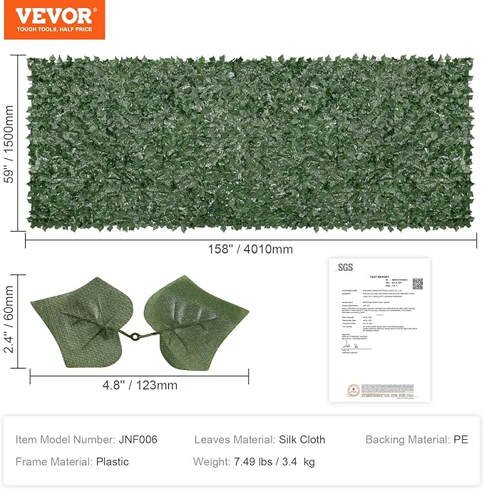 VEVOR Artificial Ivy Privacy Fence Screen, 59 x 158 in Faux Ivy Vine Leaf Hedges Fence, Greenery Privacy Fence with Mesh Cloth Backing, Green Wall Decoration for Outdoor Garden, Yard, Balcony
