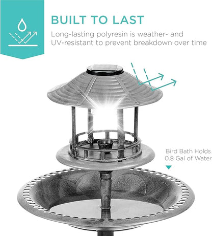 Best Choice Products Solar Outdoor Bird Bath Vintage Resin Pedestal Fountain Decoration for Yard, Garden w/Planter Base, Feeder, Decorative Bird Cage, Fillable Stand - Stone