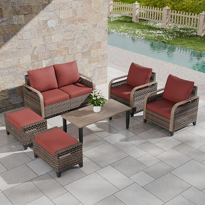 COOS BAY Modern Wicker Outdoor Furniture Set, Patio Conversation Set with Patio Chairs, 2 Seat Loveseat, Ottomans, and Coffee Table, 6 Piece, Brown/Red