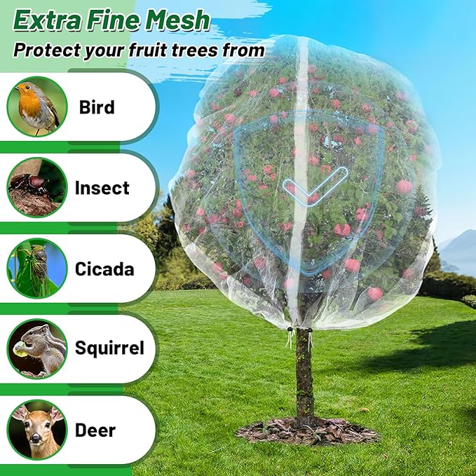 Easy Installation Fruit Tree Netting with Zipper & Drawstring - 8.2x6.6ft Ultra Fine Mesh Garden Protection Screen to Protect Pear Peach Apple from Bird Insect Bug Cicada Deer Squirrel