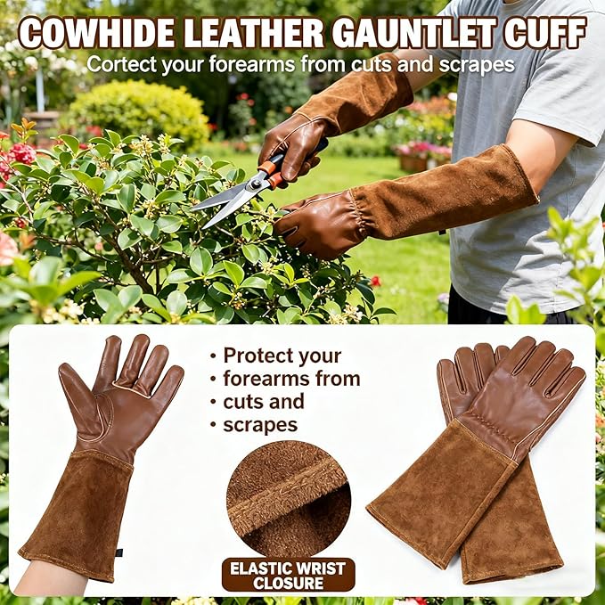 Leather Long Gardening Gloves for Men and Women, Rose Pruning and Cactus Thorn Proof Gloves, Cowhide Yard Work Gloves (Brown Medium)