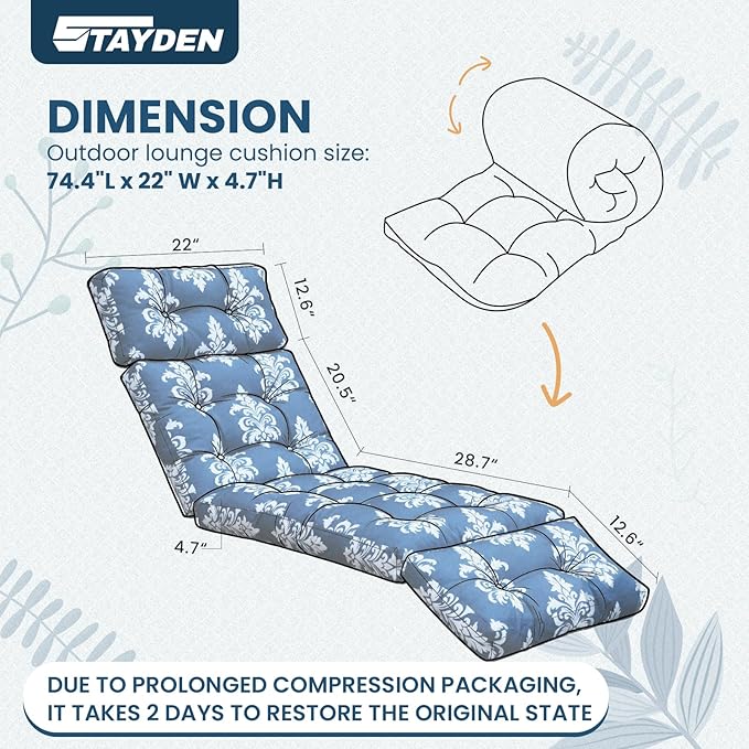 Outdoor Lounge Chair Cushions, Chaise Lounge Chair Cushions Replacement for Patio Furniture with Ties Waterproof Fabric Pool Chasie Cushion 74.4 x 22 x 4.7 Inches Blue and White Flowers
