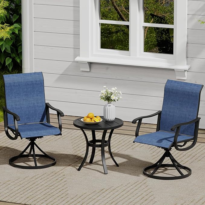 VICLLAX 3 Pieces Small Outdoor Furniture, 2 Patio Swivel Chairs and Small Round Outdoor Table for 2, Blue Chairs & Black