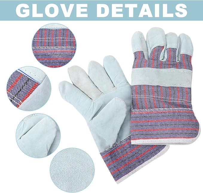 Jiuguva 24 Pairs of Work Gloves Cotton Leather Gloves Safety Cuff Gardening Work Hands with Heavy Duty Reinforced Palms Gardening for Men Women, Red and Blue