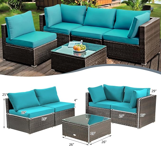 HAPPYGRILL 5PCS Patio Furniture Set Outdoor Rattan Wicker Sofa Set with Coffee Table Sectional Sofa Conversation Set with Pillows Cushions for Backyard Porch Garden Poolside