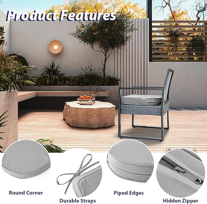 IPYNBAP Outdoor Chair Cushions Set of 4 -Waterproof Outdoor Seat Cushions for Patio Furniture, Patio Chair Cushion with Handle and Ties, Out Door Chair Pads,19x19x3-Round, Grey