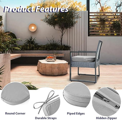 IPYNBAP Outdoor Chair Cushions Set of 4 -Waterproof Outdoor Seat Cushions for Patio Furniture, Patio Chair Cushion with Handle and Ties, Out Door Chair Pads,19x19x3-Round, Grey