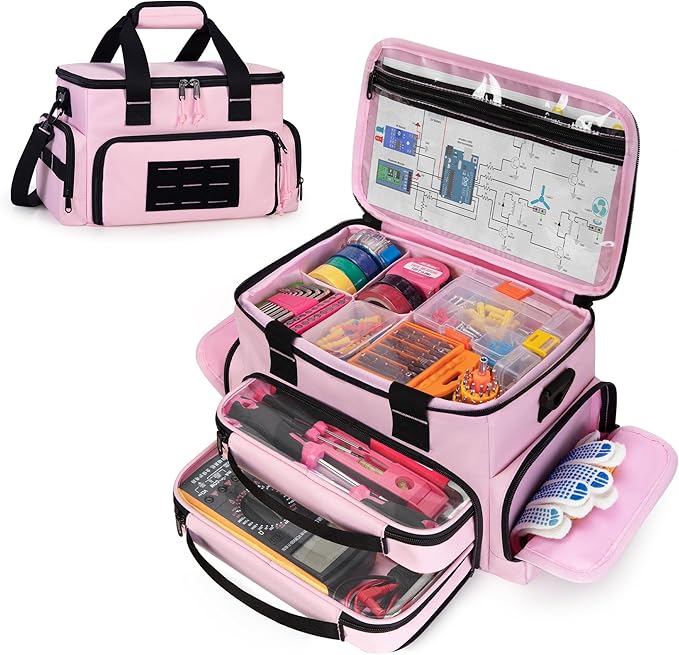 Pink Tool Bag for Women with 2 Clear Pouches, 12-inch Tool Storage Organizer, Double Layer Tool Box for Electrician, Carpenters, Repairman, Pink