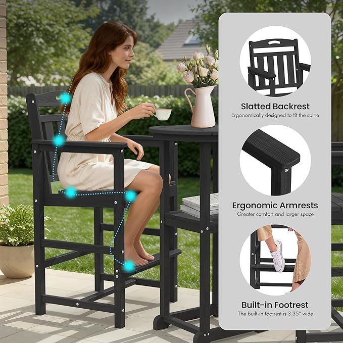 Ciokea Balcony Chairs and Table 3 Pieces Set, Outdoor High Top Bar Set, HDPE Oversized Adirondack Bar Chairs Set of 2 and Round Table for Outside Dining Bistro Poolside Backyard, Black