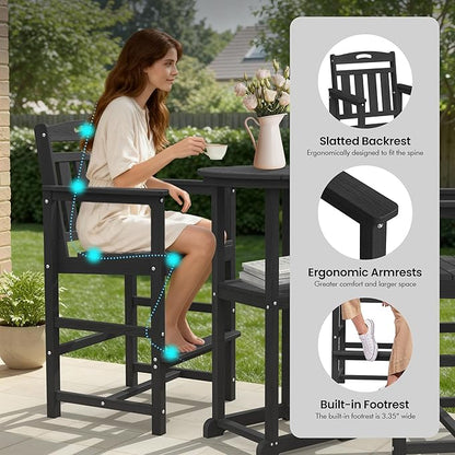 Ciokea Balcony Chairs and Table 3 Pieces Set, Outdoor High Top Bar Set, HDPE Oversized Adirondack Bar Chairs Set of 2 and Round Table for Outside Dining Bistro Poolside Backyard, Black