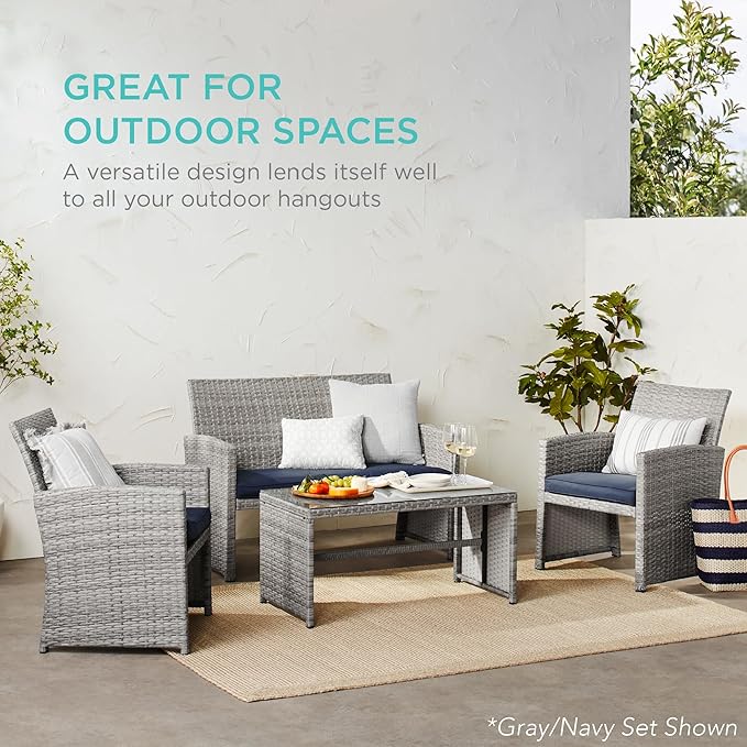 Best Choice Products 4-Piece Outdoor Wicker Patio Conversation Furniture Set for Backyard w/Coffee Table, Seat Cushions - Black/White Sand