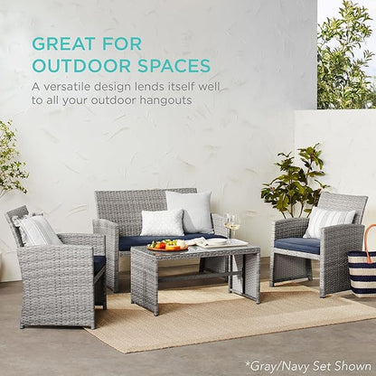 Best Choice Products 4-Piece Outdoor Wicker Patio Conversation Furniture Set for Backyard w/Coffee Table, Seat Cushions - Black/White Sand
