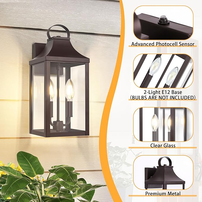 15" Dusk to Dawn Outdoor Wall Lantern 2-Light, Outside Modern Wall Sconce Light Fixture, Industrial Porch Light Wall Mount with E12 Sockets, Waterproof Exterior Lamp Lighting, Brown
